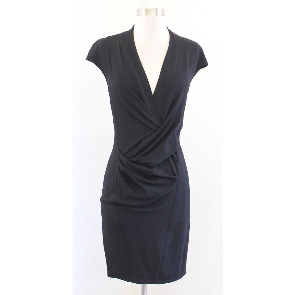 Helmut Lang Black V Neck Ruched Draped Wool Viscose Suiting Sheath Dress Size 2